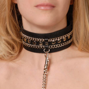 Ошейник кожаный черный шириной 50мм,с цепочкой-поводком с карабином длиной 50см 3101-1