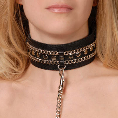 Ошейник кожаный черный шириной 50мм,с цепочкой-поводком с карабином длиной 50см 3101-1