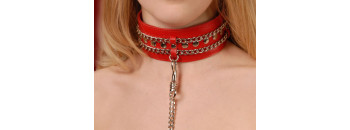 Ошейник кожаный красный шириной 50мм,с цепочкой-поводком с карабином длиной 50см 3101-2
