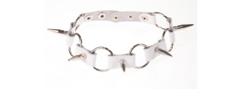 Ошейник кожаный белый с кольцами шириной 20мм с с шипами длиной 25мм 3109-3