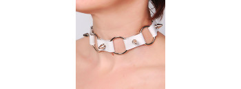 Ошейник кожаный белый с кольцами шириной 20мм с с шипами длиной 12мм 3110-3