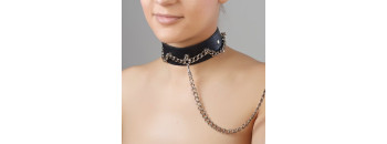 Ошейник черный с металлической цепочкой по окружности и с цепочкой-поводком 3117-1