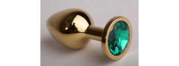 Анальная пробка золотая с зеленым кристаллом 9,5х4см 47098-2-MM