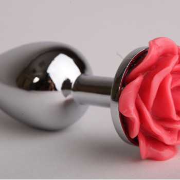 Анальная пробка металл 9,5х4см с розой красная 47180-2-MM
