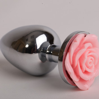 Анальная пробка металл 8х3,5см с розой светло-розовая  47183-1-MM