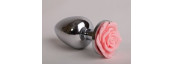 Анальная пробка металл большая с розой светло-розовая 9,5х4см 47183-2MM