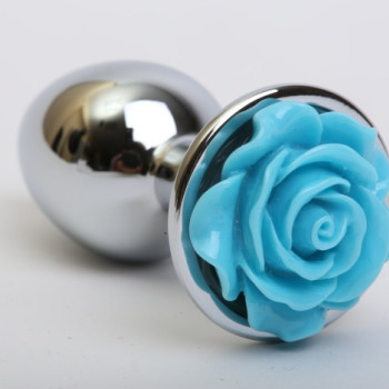 Анальная пробка металл с розой голубая 2,8х7,6 47185-MM