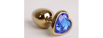 Анальная пробка золото 7,5 х 2,8 см с сердечком синий страз размер-S 47190-MM