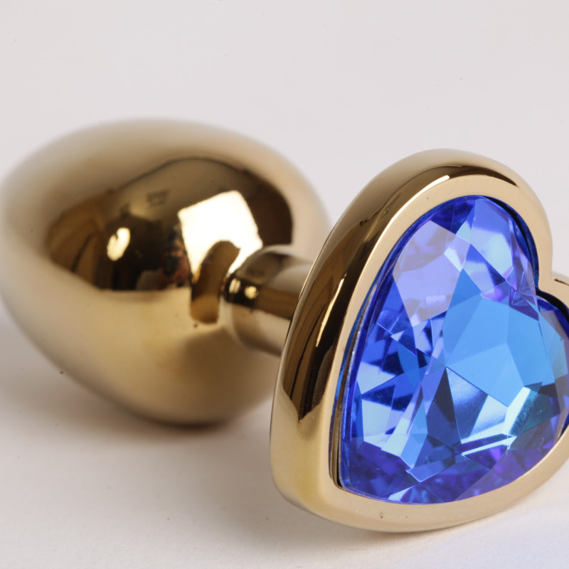 Анальная пробка золото 7,5 х 2,8 см с сердечком синий страз размер-S 47190-MM