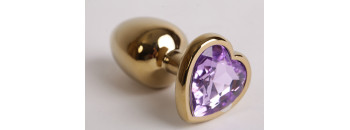 Анальная пробка золото 7,5х2,8см с сердечком сиреневый страз 47191-MM