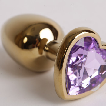 Анальная пробка золото 7,5х2,8см с сердечком сиреневый страз 47191-MM