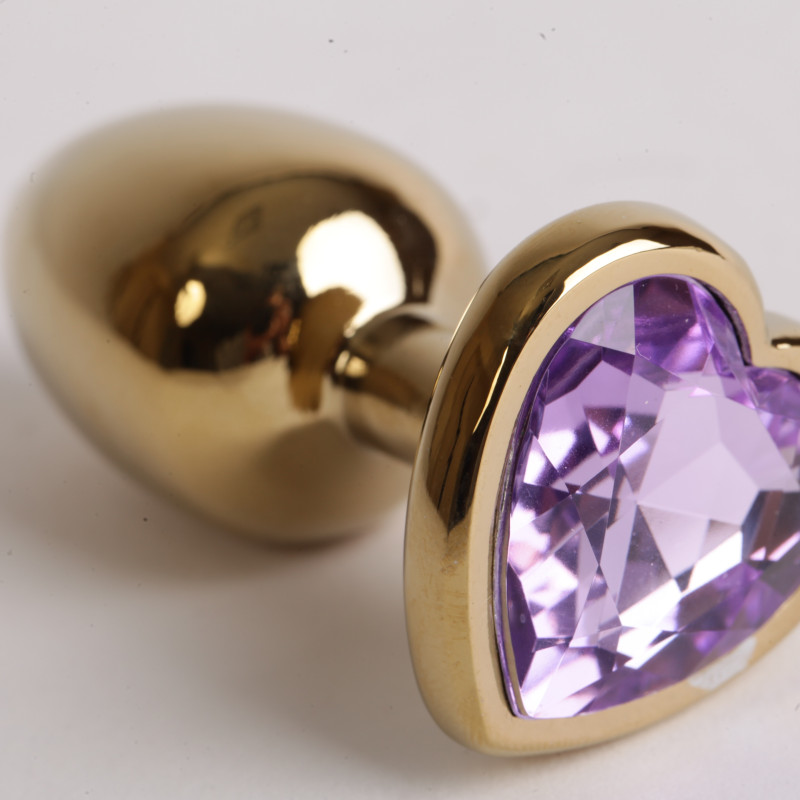 Анальная пробка золото 7,5х2,8см с сердечком сиреневый страз 47191-MM