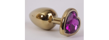 Анальная пробка золото 7,5х2,8см с сердечком фиолетовый страз 47192-MM