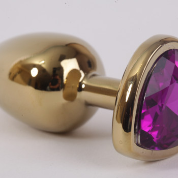 Анальная пробка золото 7,5х2,8см с сердечком фиолетовый страз 47192-MM