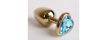 Анальная пробка золото 8х3,5см с сердечком голубой страз 47194-1-MM