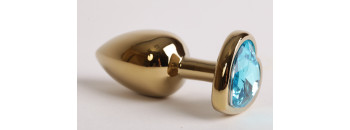 Анальная пробка золото 7,5 х 2,8 см с сердечком голубой страз размер-S 47194-MM