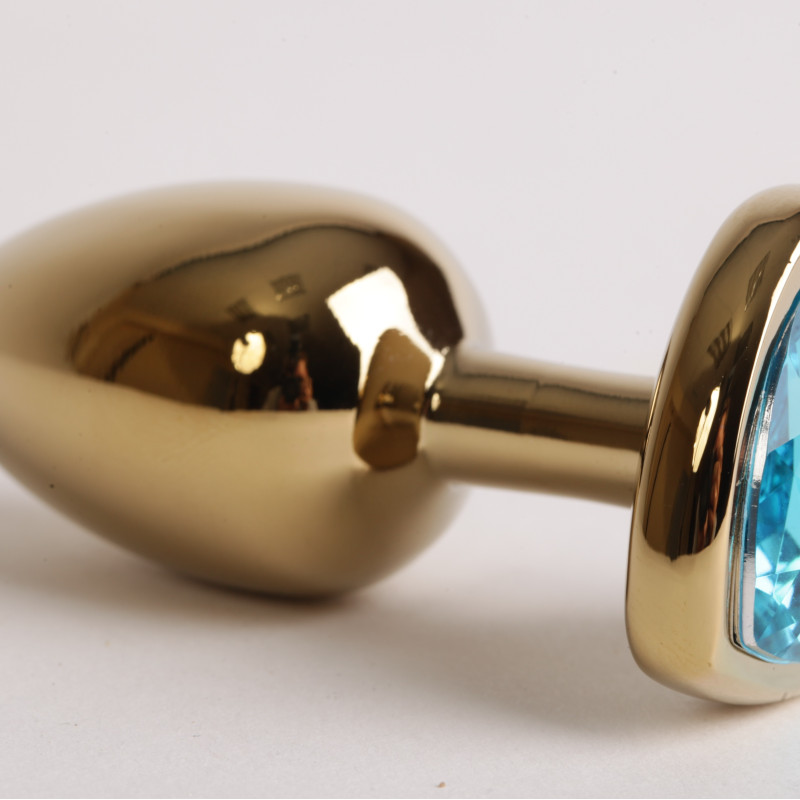 Анальная пробка золото 7,5 х 2,8 см с сердечком голубой страз размер-S 47194-MM