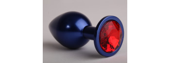 Анальная пробка металл 8,2 х 3,5см синяя с  красным стразом размер-S 47196-1-MM