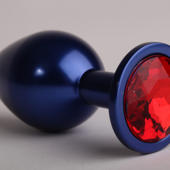 Анальная пробка металл 8,2 х 3,5см синяя с  красным стразом размер-S 47196-1-MM
