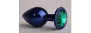 Анальная пробка металл синяя с зеленым стразом 7,6х2,8см 47415-6MM