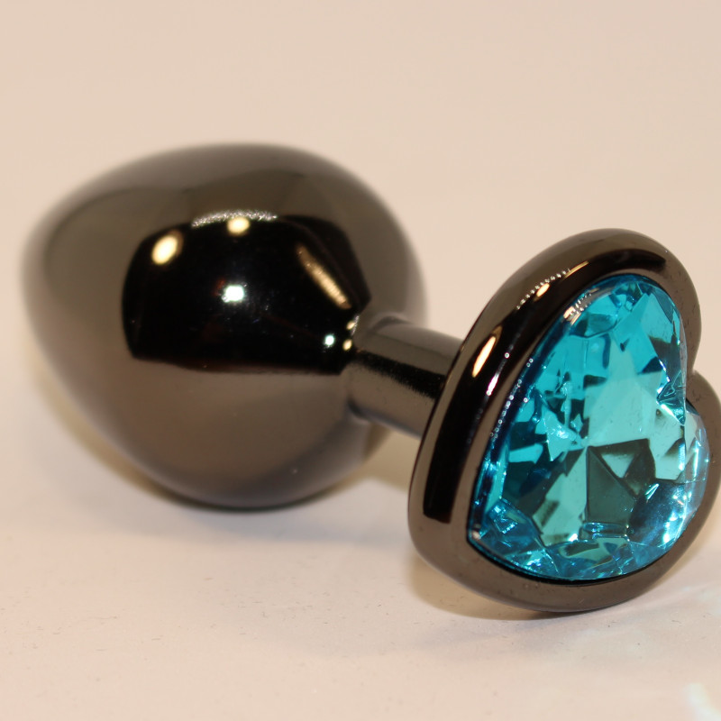 Пробка анальная черная 7,5х2,8см с сердечком голубой страз 47438-1MM