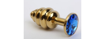 Анальная пробка фигурная золото с синим стразом 8х3,5см 47473-3MM
