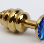 Анальная пробка фигурная золото с синим стразом 8х3,5см 47473-3MM