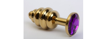 Анальная пробка фигурная золото с фиолетовым стразом 8х3,5см 47473-5MM