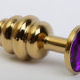 Анальная пробка фигурная золото с фиолетовым стразом 8х3,5см 47473-5MM