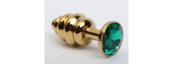 Анальная пробка фигурная золото с зеленым стразом 8х3,5см 47473-6MM