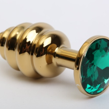 Анальная пробка фигурная золото с зеленым стразом 8х3,5см 47473-6MM
