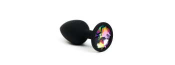 Анальная пробка силиконовая черная с радужным  стразом 7,6х2,8 см 47510-MM
