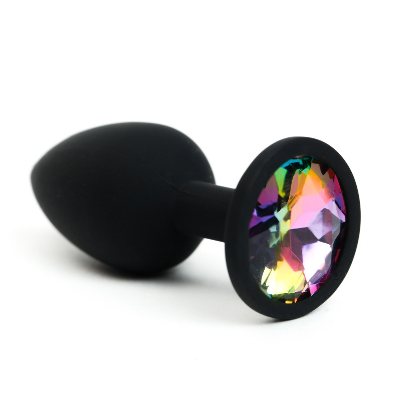 Анальная пробка силиконовая черная с радужным  стразом 7,6х2,8 см 47510-MM