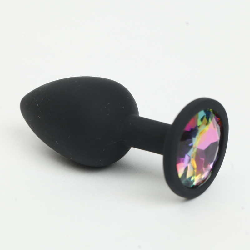 Анальная пробка силиконовая черная с радужным  стразом 7,6х2,8 см 47510-MM