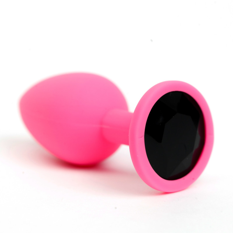 Анальная пробка силиконовая розовая с черным стразом 7,6х2,8 см 47511-MM