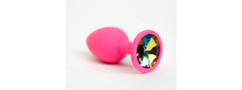 Анальная пробка силиконовая розовая с радужным стразом 7,6х2,8 см 47512-MM