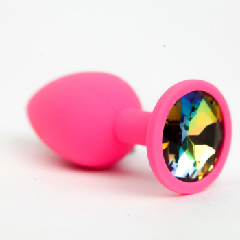 Анальная пробка силиконовая розовая с радужным стразом 7,6х2,8 см 47512-MM