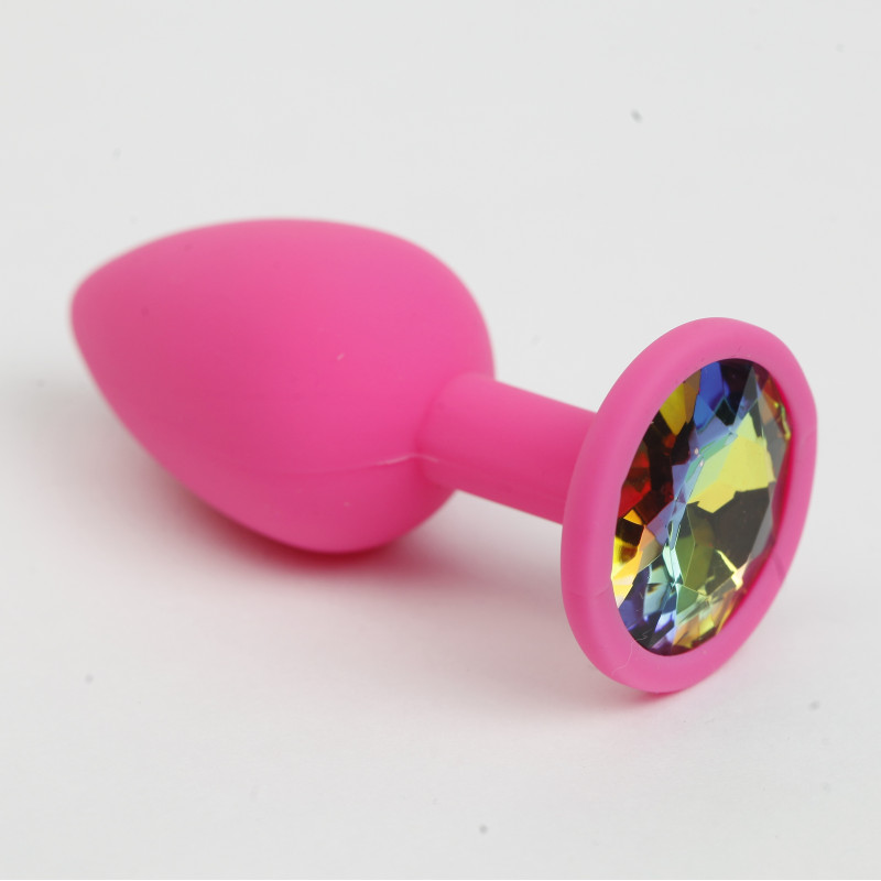 Анальная пробка силиконовая розовая с радужным стразом 7,6х2,8 см 47512-MM
