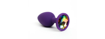 Анальная пробка силиконова фиолетовая с радужным стразом 7,6х2,8 см 47514-MM