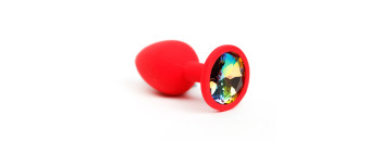 Анальная пробка силиконова красная с радужным  стразом 7,6х2,8 см 47516-MM