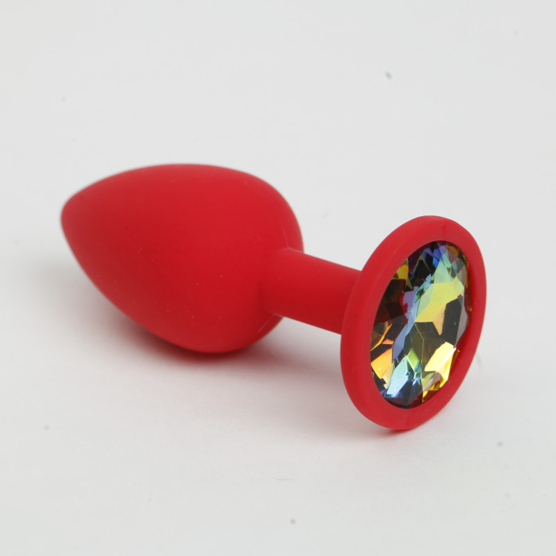 Анальная пробка силиконова красная с радужным  стразом 7,6х2,8 см 47516-MM