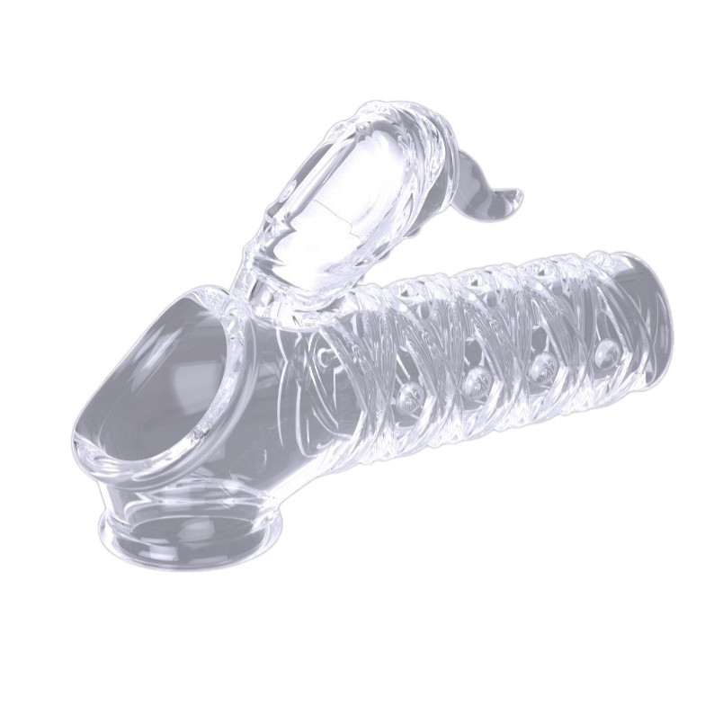 Вибронасадка сквозная рельефная с держателем мошонки и клиторальным стимулятором, 12 см 47562-MM