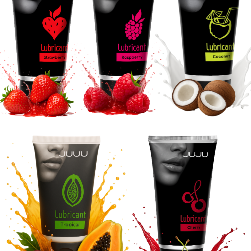 Сет съедобных лубрикантов JUJU: клубника, малина, тропические фрукты, вишня, кокос, 5х50ml 769JU